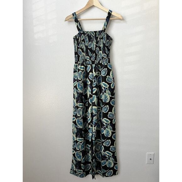 Runway Ready Pants - Runway Ready black green leaf‎ print smock wide leg polyester jumpsuit M Romper